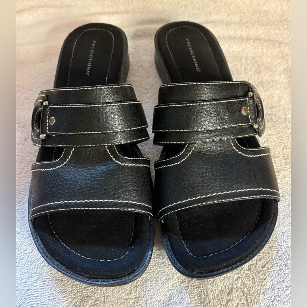 Women’s Predictions Black Slip On Sandals W/ White Stitching Size 9.5W